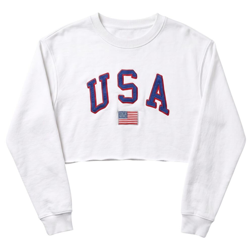 White USA Flag Logo Embroidered Cropped Sweatshirt Women's XL Mighty Fine Casual